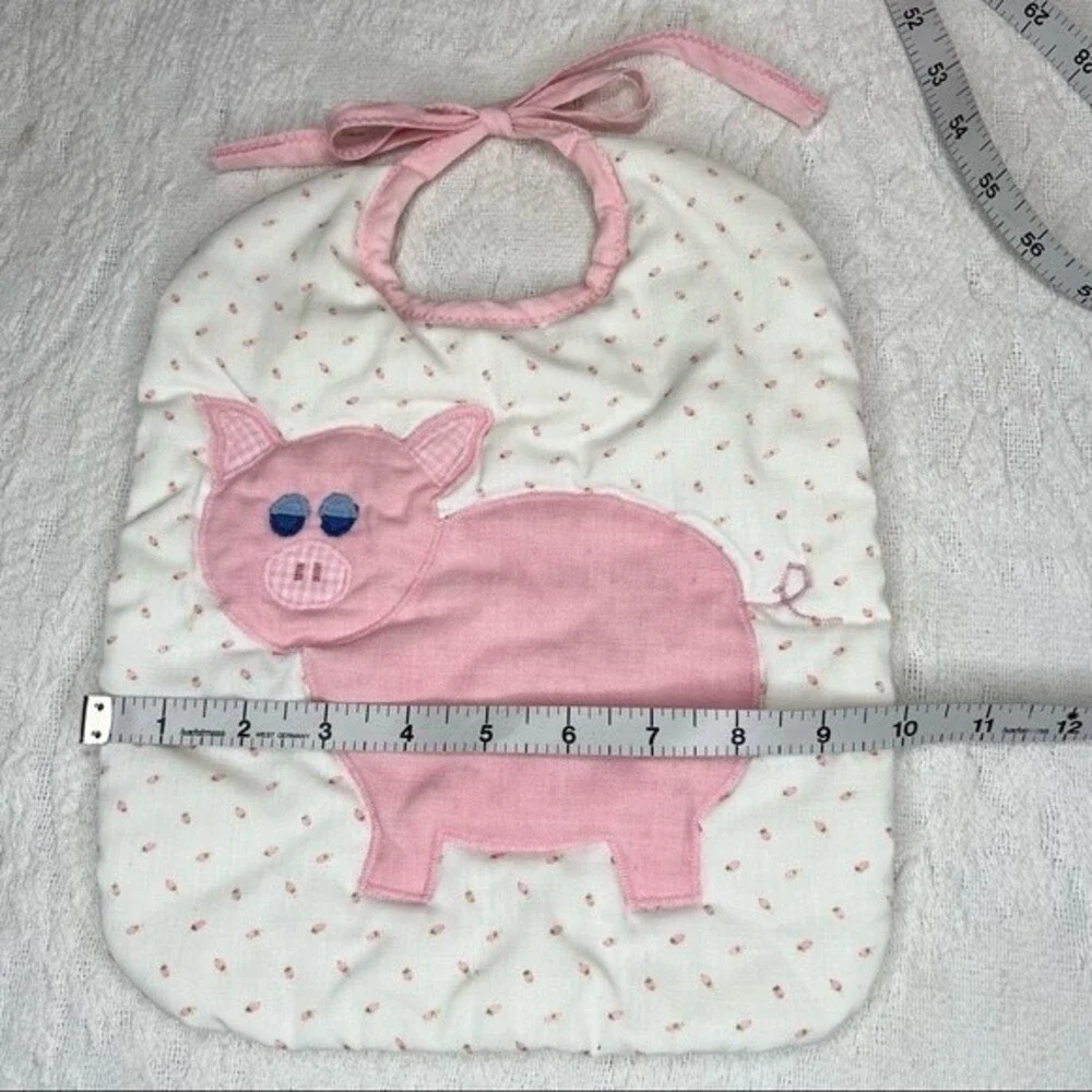 Vintage Handmade Bib Embroidered Pink Pig Large Oversized Baby's Drool Bib